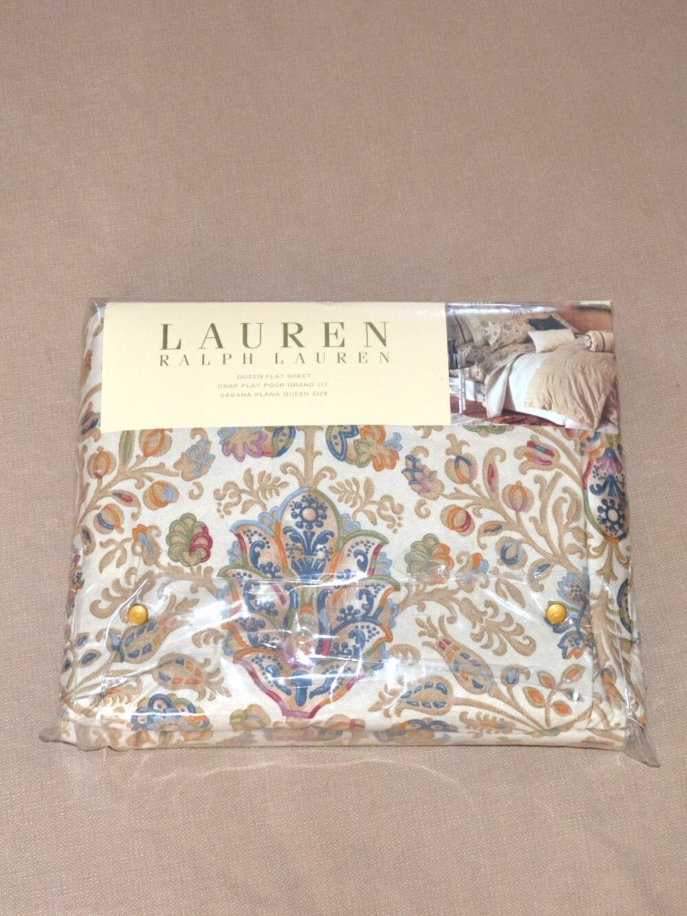 NWT Ralph Lauren Marrakesh Rug Flat Sheet Ribbon Top Edge QUEEN Vintage